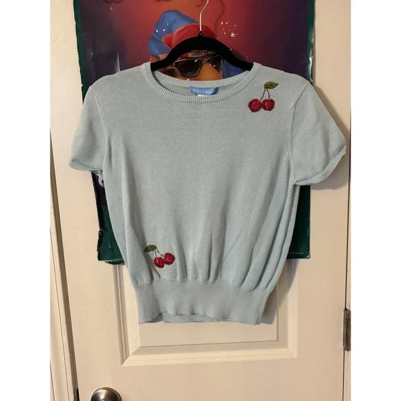 White + Warren Light Blue Beaded Cherry Knit Short Sleeve Sweater Top Womens y2k - Picture 5 of 8